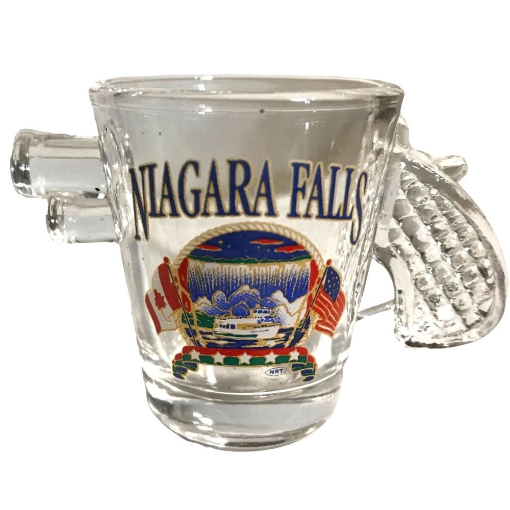 Niagara Falls Shot Glass With Pistol Handle Souvenir Canada and USA Flags